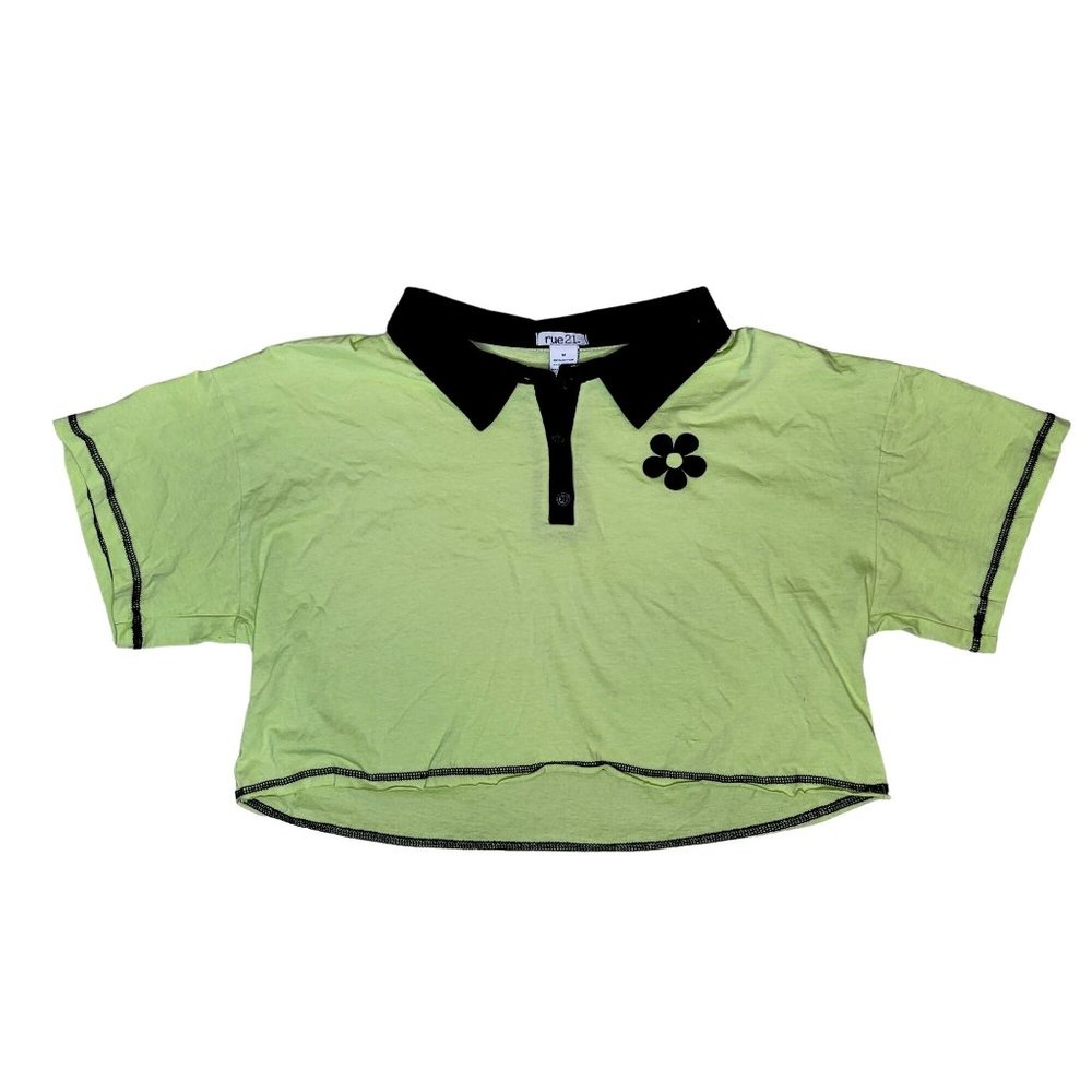 rue 21 green neon yellow black daisy crop polo tee shirt size medium